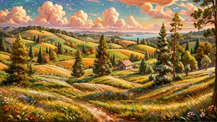 Türaufkleber A painting portraying a landscape with prominent trees and fluffy clouds under a blue sky © Constantine Art