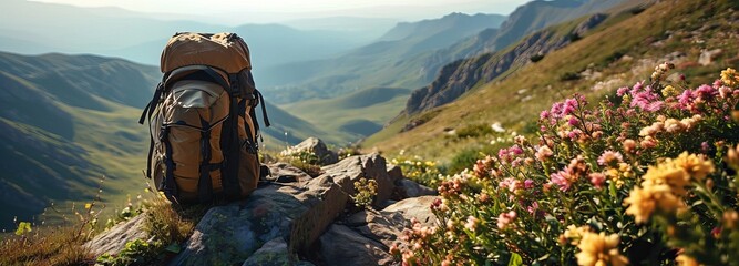 Backpack on Mountain Ridge Overlooking Valley with Wildflowers - obrazy, fototapety, plakaty