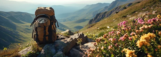 Fototapeten Backpack on Mountain Ridge Overlooking Valley with Wildflowers © Andreas