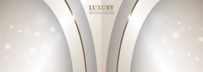 Luxury abstract 3D background with bokeh effect and sparkles on golden curve lines. Wide elegant vector banner design for celebration award.