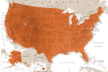 United States - Highly Detailed Vector Map of the USA. Ideally for the Print Posters. Terracotta Brown Orange Beige Colors. Relief Topographic - obrazy, fototapety, plakaty