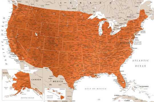 United States - Highly Detailed Vector Map of the USA. Ideally for the Print Posters. Terracotta Brown Orange Beige Colors. Relief Topographic