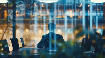 A view through the boardroom window, focusing on the interaction between colleagues and the impactful speech by the businessman.