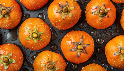fresh ripe persimmons with water droplets on dark background