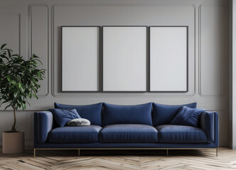 modern living room interior with navy blue velvet sofa and empty frames