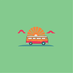 Cartoon illustration of a bus with the sun in the background