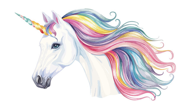 White Unicorn with rainbow hair isolated on white. Pri