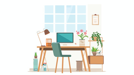Window home office workspace desk vector. Modern table