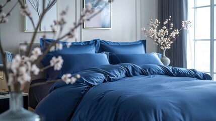 Luxury bedroom with silk royal blue bedding