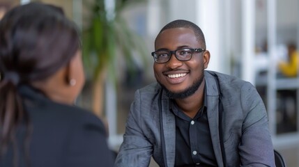 An employee answering interview questions confidently while being assessed by a candidate in a managerial role. - obrazy, fototapety, plakaty