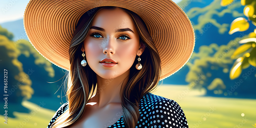 Wall mural 1girl, solo, earrings, hat, jewelry, brown_hair, blue_eyes, upper_body, looking_at_viewer, polka_dot, long_hair, dress, breasts, sun_hat, short_sleeves, lips, realistic