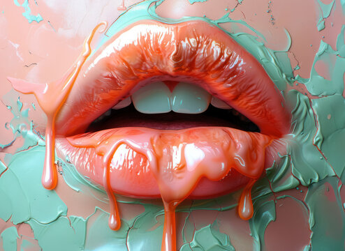 glossy orange lipstick dripping on abstract lips with pastel background