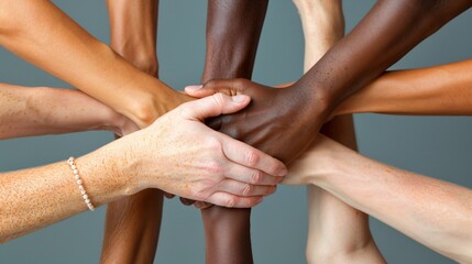 A chain of unity diverse hands reaching upward interlocked in a symbol of partnership
