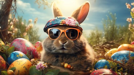 Easter bunny with glasses - obrazy, fototapety, plakaty