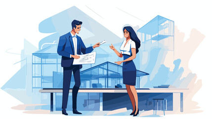 Woman architecture and man client with project plan isolated