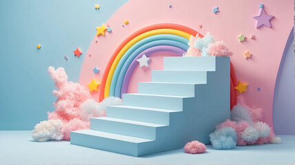 Cute 3D podium stage with rainbow arch on pastel blue background. Baby product display podium banner