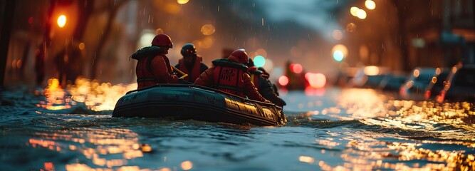 Rescue team evacuating people in flooded urban areas