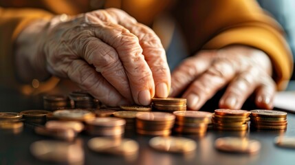 Senior woman counting coins, reality of poverty and the necessity of saving money on meager pension. Concept of financial literacy for seniors. Generative ai