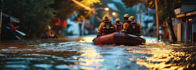 Rescue team evacuating people in flooded urban areas