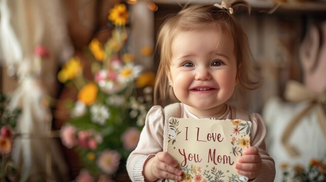 Small smiling child girl holding festive holiday card or letter to her mother. Happy mother's day concept. Generative ai