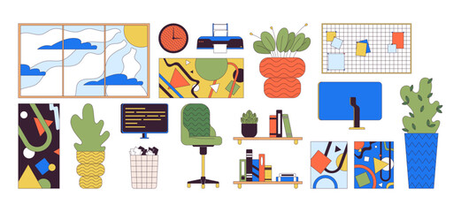 Office interior design details 2D linear cartoon objects set. Workplace essentials isolated line vector elements white background. Workspace maintaining color flat spot illustration collection © IMG visuals characte