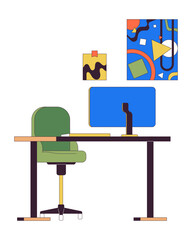 Freelancer workplace with computer monitor 2D linear cartoon objects. Pc desk and hanging paintings isolated line vector elements white background. Home office interior color flat spot illustration