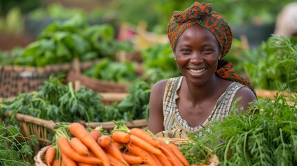 African american balck woman farmer harvesting ripe carrots at sunny day. Agriculture and healthy food concept. Generative ai