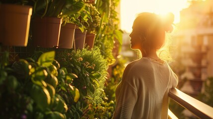 Woman tending to plants on the balcony. Balcony herb garden concept. Modern vertical lush herb garden planter bags hanging on city apartment balcony wall. Generative ai - obrazy, fototapety, plakaty
