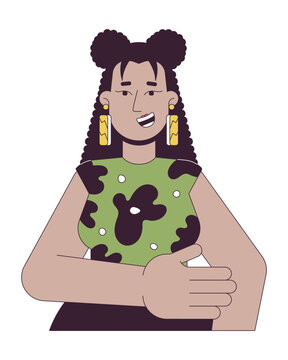 recommend clip art: Smiling latin american woman 2D linear cartoon character. Cheerful female holding elbow isolated line vector person white background. Positive emotion expression color flat spot illustration