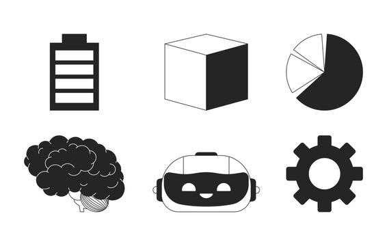 AI technology processing black and white 2D line cartoon objects set. Robotic head, cube geometric isolated vector outline items collection. Brain, gear, piechart monochromatic flat spot illustrations