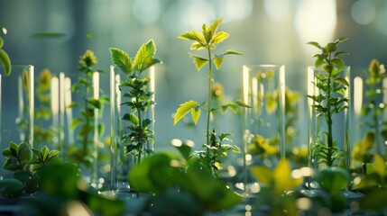Many green plants in test tubes. Biotechnology, Science of Genetic Engineering. Genetically modified sprouts in laboratory. Generative ai - obrazy, fototapety, plakaty