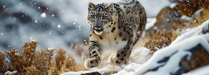 Agile Snow Leopard Mid-Leap - obrazy, fototapety, plakaty