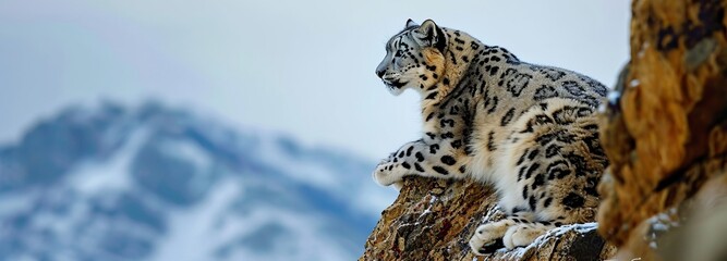 Solitary Snow Leopard on Rocky Ledge