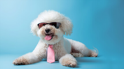 White dog wearing pink sunglasses on pink background ,Cute Poodle in nature, national geography, Wide life animals