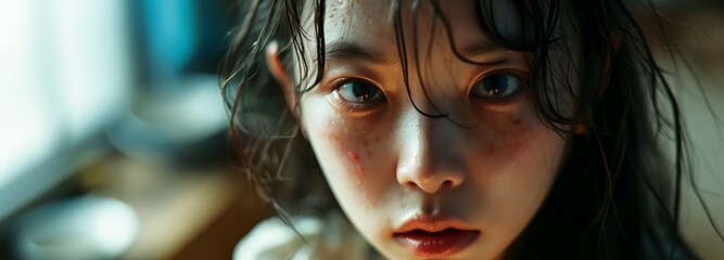 Korean girl showing intense fright - obrazy, fototapety, plakaty
