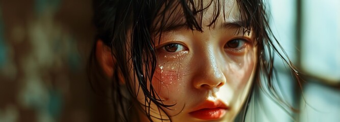 Emotional Korean girl in theatrical representation - obrazy, fototapety, plakaty