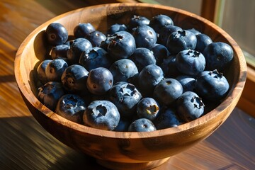 Overhead Shot of Wooden Bowl Overflowing with Fresh Vibrant Blueberries Under Natural Sunlight and Shadows