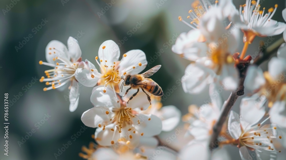 Wall mural Tiny bee resting on a white blossom