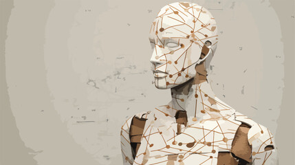 Wooden mannequin positioned against a gray backdrop  - obrazy, fototapety, plakaty