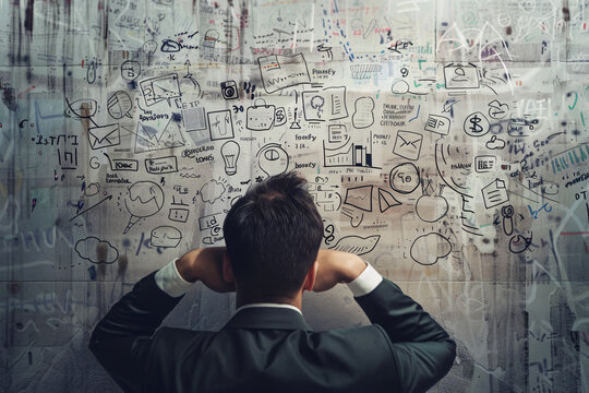 A businessman in a suit sits at a desk with a computer, holding his head in confusion The office wall is filled with drawings, sketches, and plans He appears deep in thought about a complex project