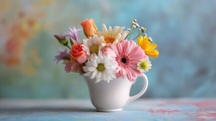 Spring Floral Arrangement in a White Cup with Daisy and Other Summer Flowers