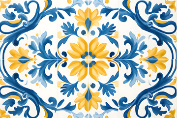Pattern of Portuguese azulejos tiles. Rustic blue and yellow tile watercolor seamless pattern