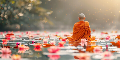 A serene and peaceful photo of a Buddhist monk meditation,