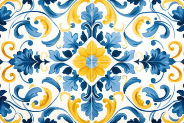 Pattern of Portuguese azulejos tiles. Rustic blue and yellow tile watercolor seamless pattern