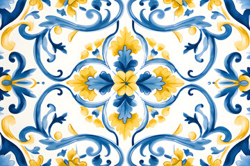 Pattern of Portuguese azulejos tiles. Rustic blue and yellow tile watercolor seamless pattern