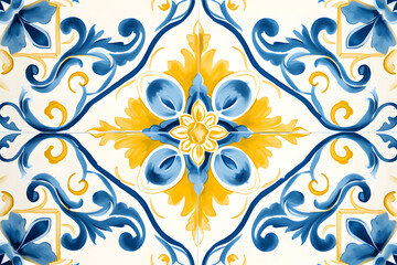 Pattern of Portuguese azulejos tiles. Rustic blue and yellow tile watercolor seamless pattern