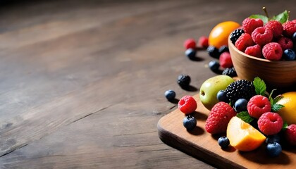 Various berries and fruits scattered on a wooden surface