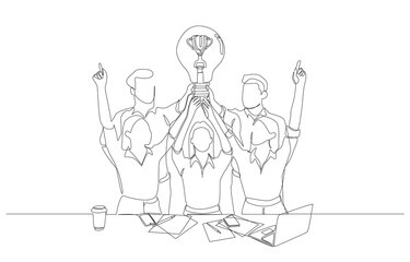 Continuous one line drawing of business people holding big light bulb with trophy as filament, winning mentality in business team concept, single line art.