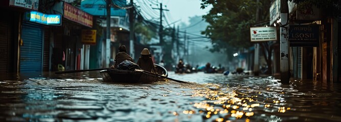 Residents navigating flooded streets on makeshift rafts - obrazy, fototapety, plakaty