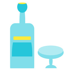 Blue glass bottle with a label and a blue glass goblet. Alcoholic drink